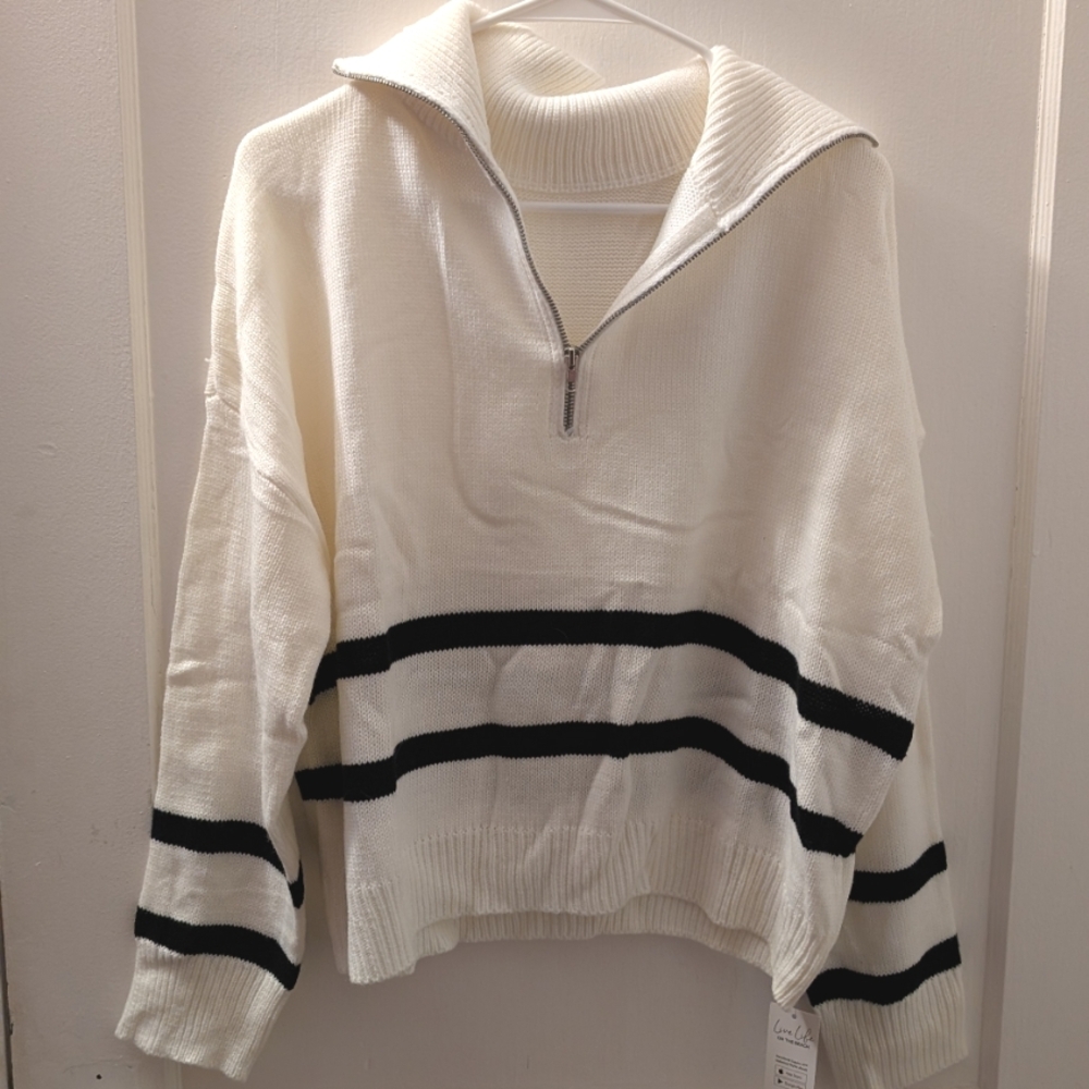 White and Black Striped Half-Zip Sweater
